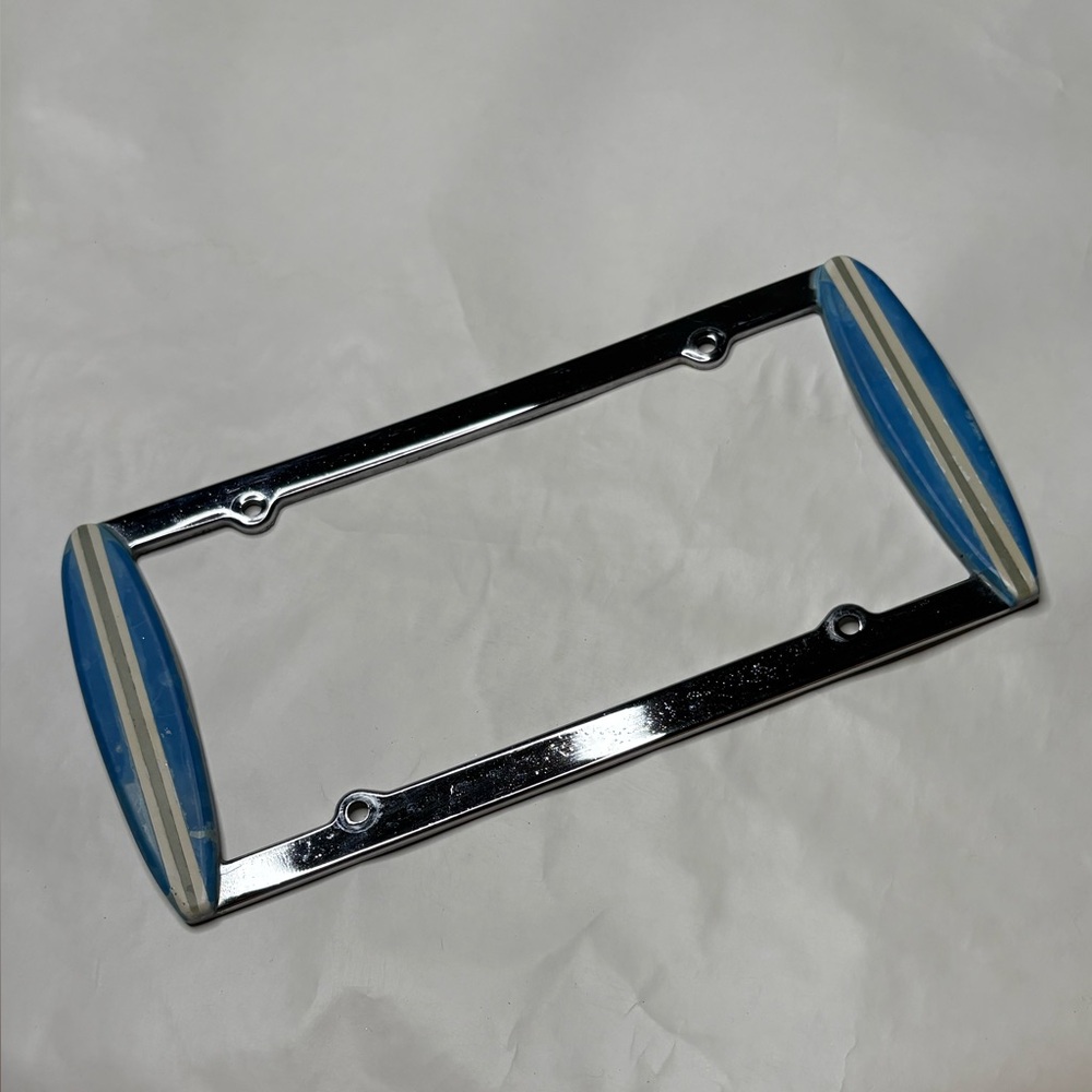 Surfboard Chrome License Plate Frame Surfer Surfing Blue Striped Longboard